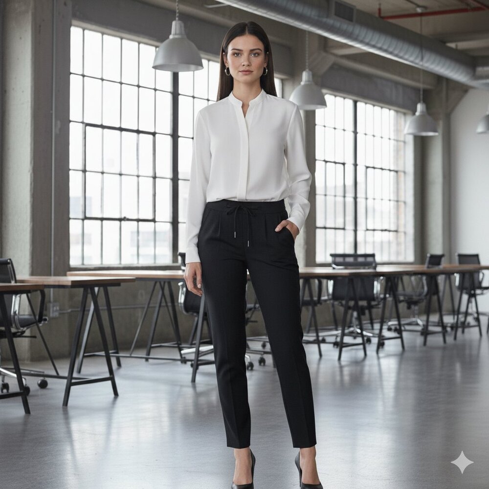 Betabrand Black Cropped Ankle Pants with White Blouse